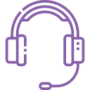 Purple line drawing of a headset with a microphone, shown on a light background. The headset has large ear pads and a headband, often used by veterinarians or Vet staff for communication in Pet ER or support settings.