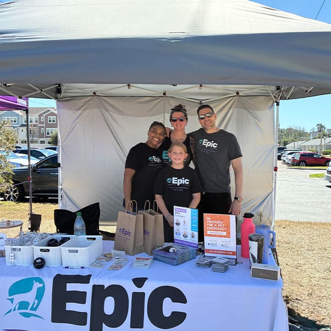 Four people wearing matching "Epic" shirts stand and smile under a canopy at an outdoor event booth. The table in front of them displays bags, pamphlets, and promotional items with the Epic logo.