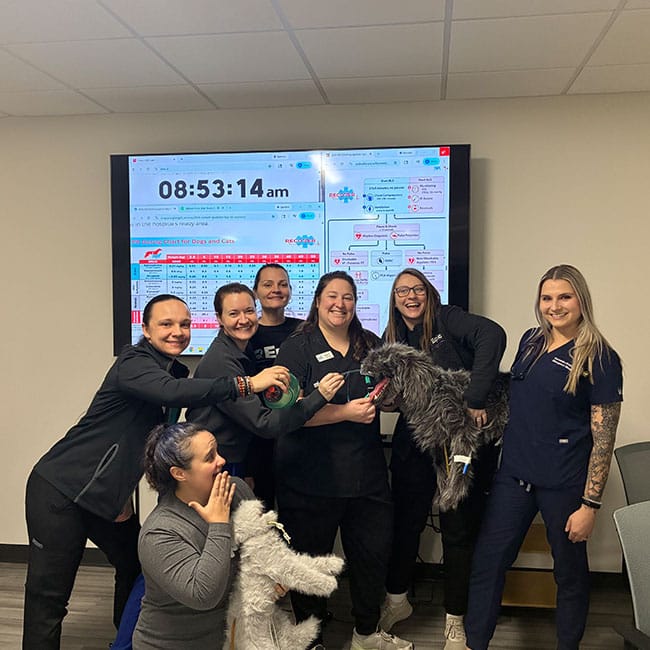 Seven smiling people in scrubs pose together in a room, some holding stuffed animal dogs, in front of a large screen displaying a digital clock, charts, and diagrams.