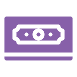 A purple icon depicting a stylized white paper bill or banknote, centered inside a rounded rectangle, symbolizing money or payment for an Emergency Vet or Veterinarian service.