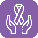 A purple icon showing two open hands beneath an awareness ribbon, symbolizing support, care, and awareness for a cause—perfect for emergency vet or veterinarian initiatives—on a rounded square purple background.