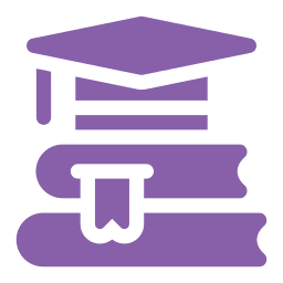 A purple icon showing two stacked books with a bookmark, topped by a graduation cap, representing education or academic achievement in the field of vet care or emergency vet services.