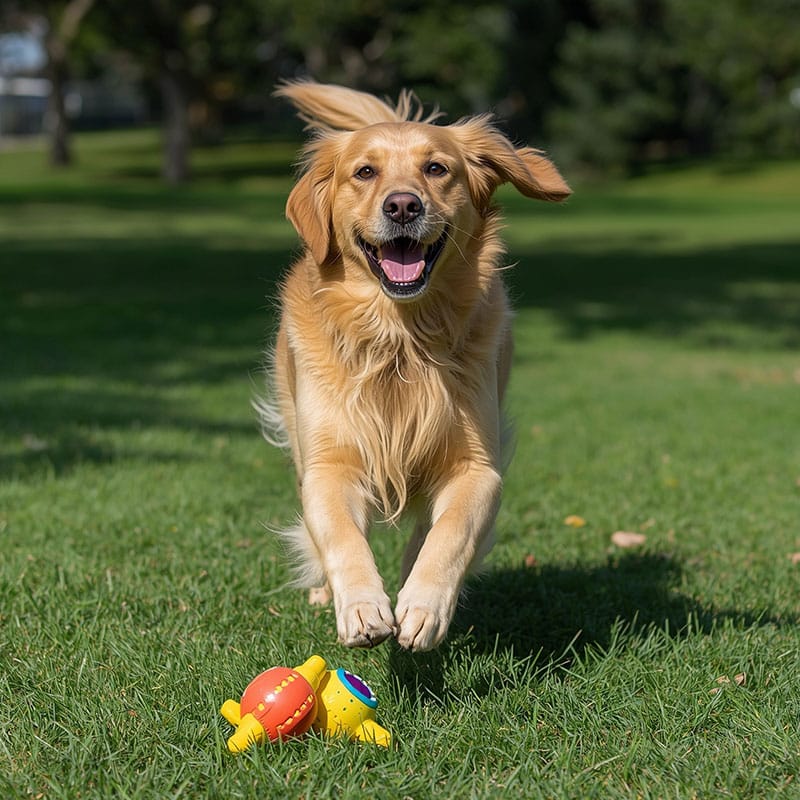 A happy golden retriever runs toward colorful toys on green grass in a sunny park, ears flopping and mouth open in excitement.