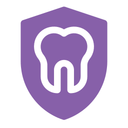 A white tooth icon outlined on a purple shield background, symbolizing dental protection or oral health care at a Pet ER or emergency vet clinic.