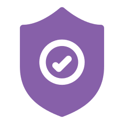 A purple shield with a white circle containing a checkmark in the center, symbolizing the security and protection provided by an Emergency Vet or Pet ER.