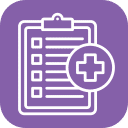 A white outlined clipboard with a checklist and a medical cross symbol on a purple background, representing veterinary healthcare or Pet ER forms.