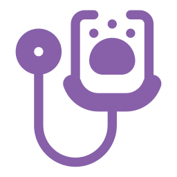 A purple icon of a stethoscope with the chestpiece resembling a paw print, symbolizing veterinary care or Emergency Vet services.
