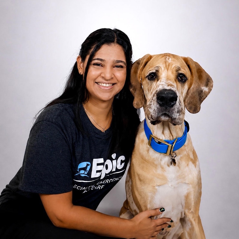 A smiling woman with long dark hair wearing an “Epic” t-shirt sits next to a large tan Great Dane with a blue collar, both facing the camera against a plain light background.