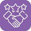 Two hands shaking with three stars above them, shown in white outline on a purple square background with rounded corners—perfect for representing a compassionate Emergency Vet or Pet ER service.