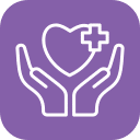 White outline of two hands cupping a heart with a medical cross, set against a purple background. The image suggests the compassionate care you’d find at an Emergency Vet or Pet ER—health, support, and a veterinarian’s touch.