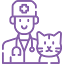 Line drawing of a smiling emergency vet wearing a cap and stethoscope, standing next to a cat.
