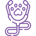 A purple outline illustration of a stethoscope with a paw print in the center, symbolizing veterinary care by a skilled veterinarian or urgent Pet ER services.