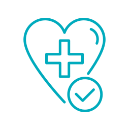 A blue outline of a heart with a medical cross inside and a check mark in a circle overlapping the bottom right, symbolizing vet care, health, and approval—ideal for a veterinarian or emergency vet services.