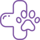 A purple outline of a medical cross with a paw print overlapping its right side, symbolizing veterinary care, Pet ER services, or pet health emergencies.